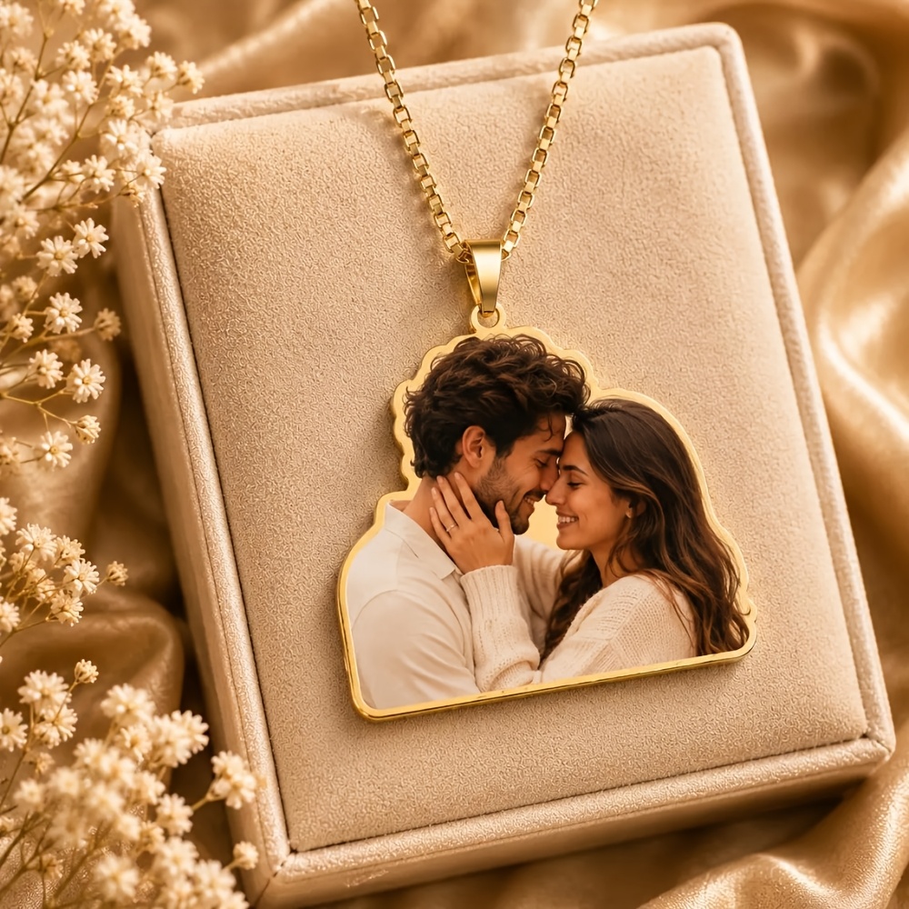 Custom Couple Photo Golden Box Chain Necklace